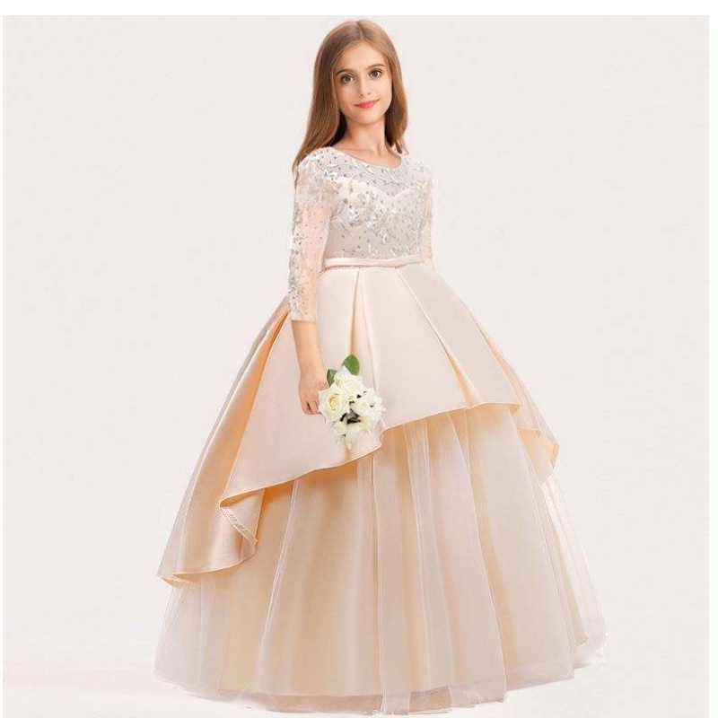 Baige Long Style Kinder Hochzeit Ballkleid Girl Girls Frock Design Kinder Party Tragen Long Kleid 9101