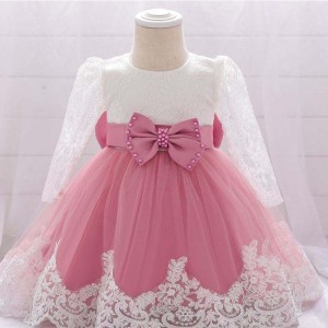 Baige Blumenmädchen Party tragen westliche Taufkleid Kleid Spitze Neugeborenes Baby Taufkleider