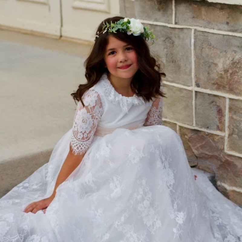Lange weiße Kleider für Kinder Girls Prinzessin Elegante Hochzeits Gast Kinder Brautjungfer Spitzenkleider Party Abendkleid 3 6 14 Jahre