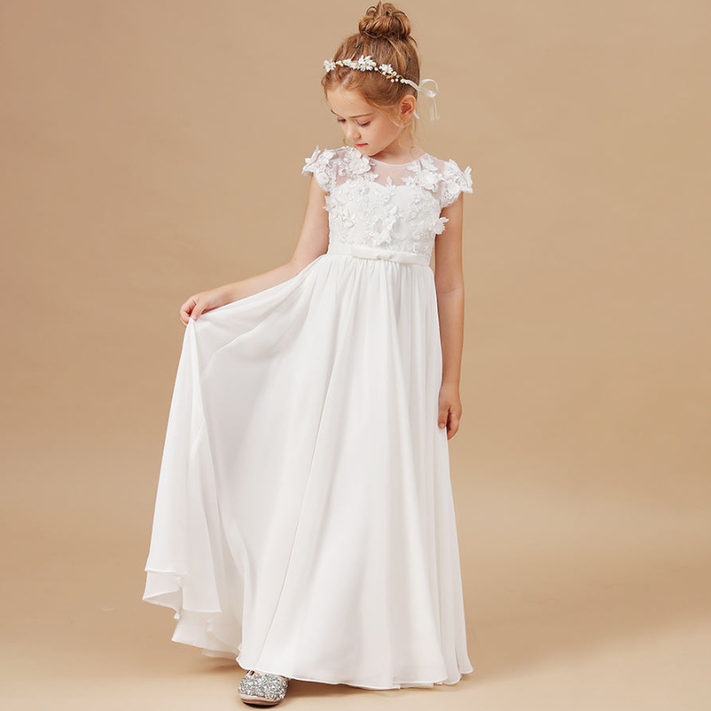 Blumenmädchen Kleider Applikat ärmellose Kinder Geburtstagsfeier Festzug Kleider Hochzeiten Erste Primera Communion Elegant Vestidos 2-14