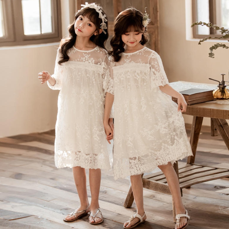 Neue Sommer Baumwollnetz Garn Lace Girls Kleider Kinder Rock Kinder Kleidung 3-14 Jahre altes weißes Prinzessin Kleid