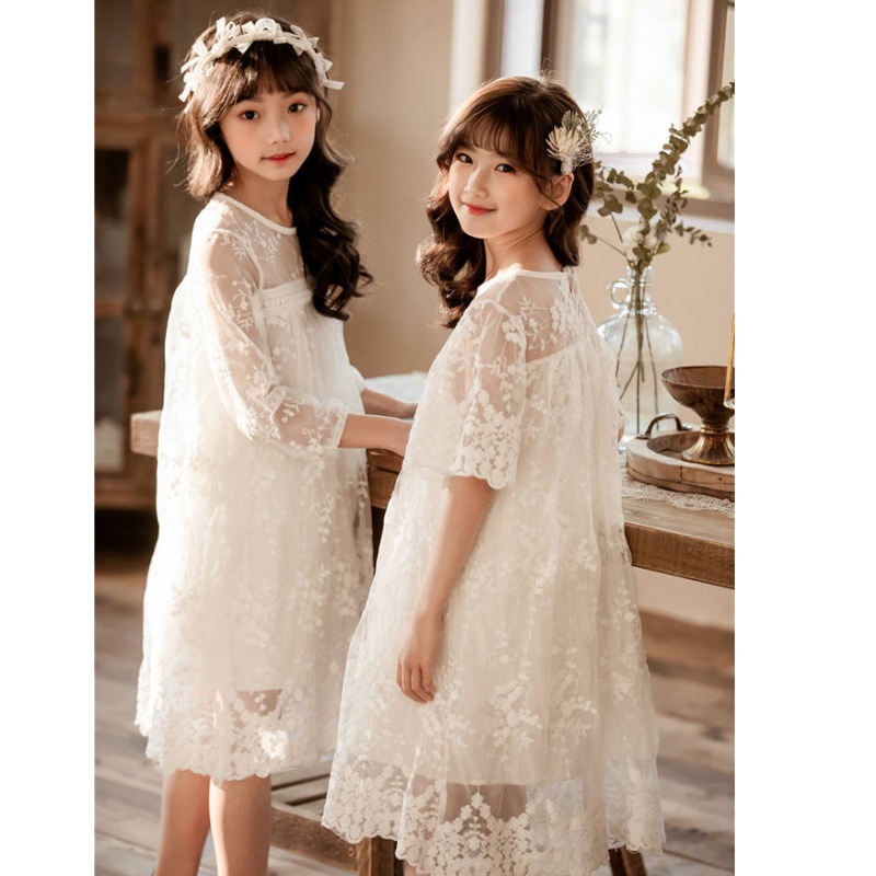 Neue Sommer Baumwollnetz Garn Lace Girls Kleider Kinder Rock Kinder Kleidung 3-14 Jahre altes weißes Prinzessin Kleid