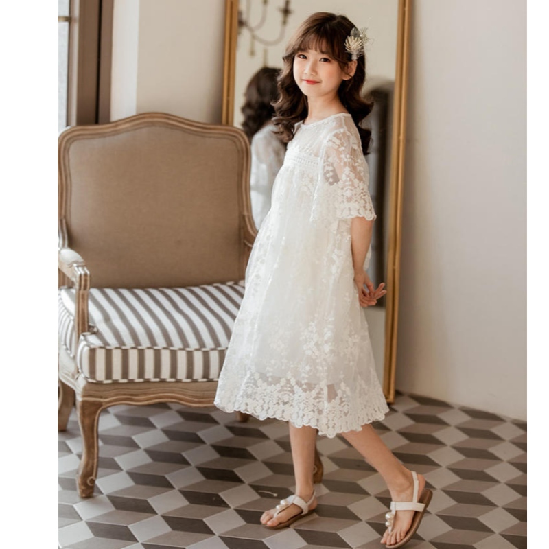 Neue Sommer Baumwollnetz Garn Lace Girls Kleider Kinder Rock Kinder Kleidung 3-14 Jahre altes weißes Prinzessin Kleid