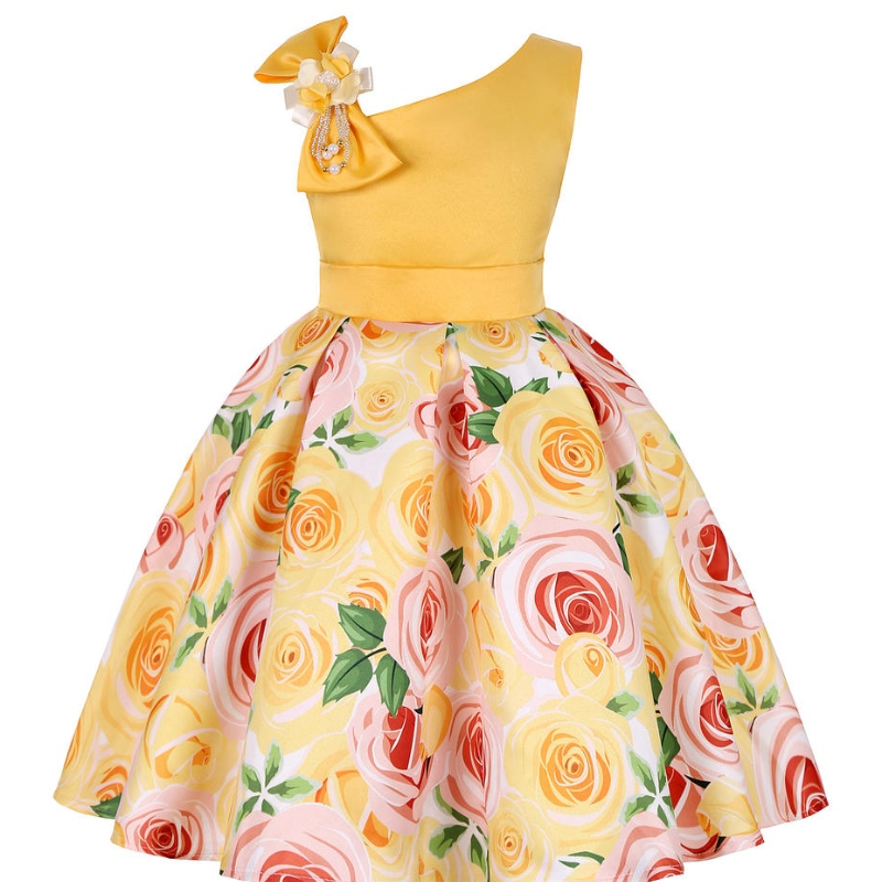 Sommermädchen Rose Printkleid Prinzessin Hochzeits Geburtstagsfeier Kleider Satin Kinder Vestidos Kleider für Mädchen Weihnachtskleidung