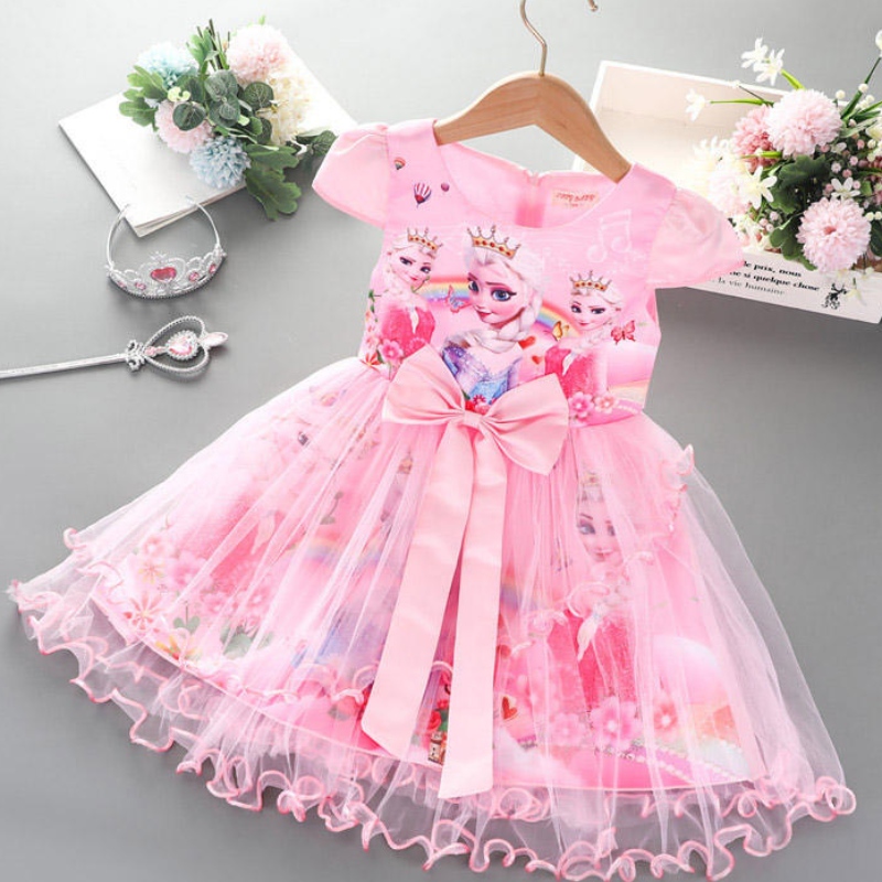 2-8y Girls Kleid Kleid Sommer Neues Kurzarm Prinzessin Elsa Mesh Tutu Rock Kinder's Geburtstagsfeier Cosplay Kleid