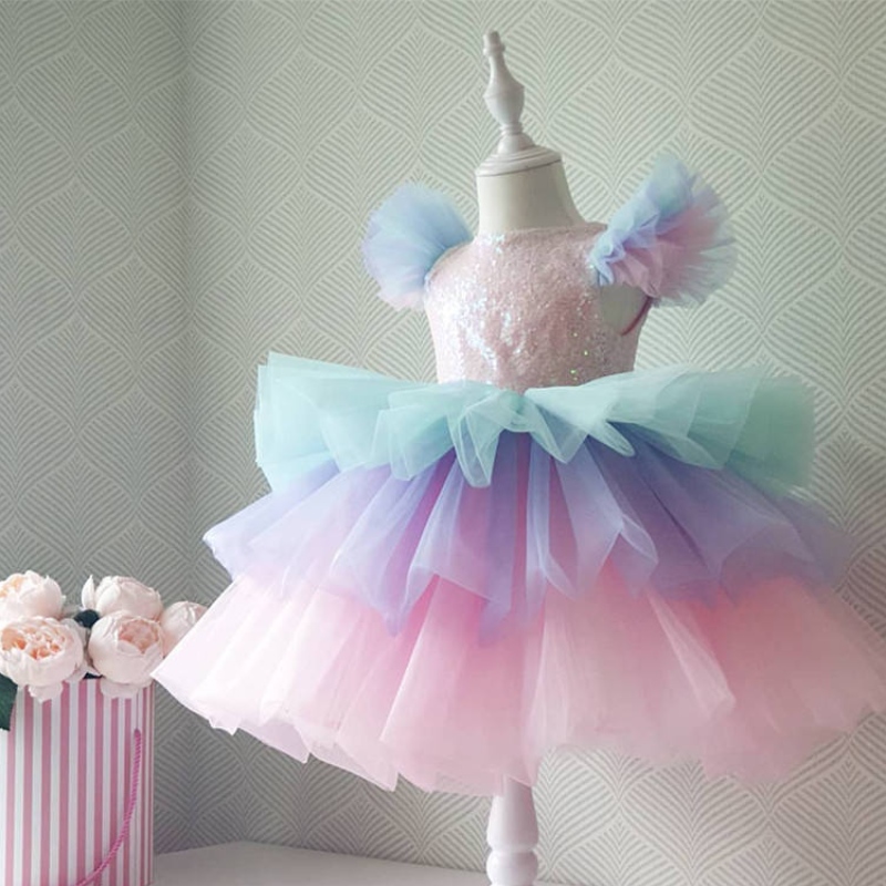 Mädchen formelle Prinzessin Kleid Kinder Spitze Tüll Regenbogen elegante Abend Party Kuchen Tutu Prom Kleid Kinder Hochzeitskommunikon Kostüm