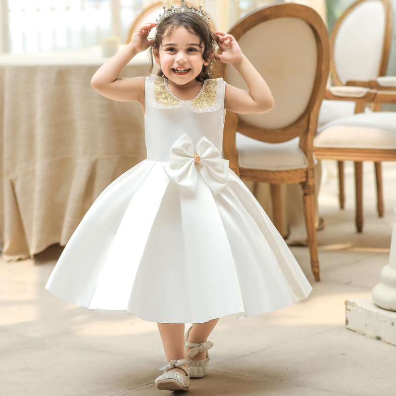 Kleinkind weiße Hochzeit Satin Prinzessin Baby Kleid Bow 1 Jahr Geburtstag Abend Party Neugeborenes Taufkleid für Mädchen Kleidung