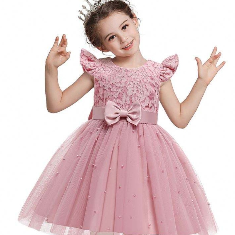 Baige grenzüberschreitende Kinderkleid Großhandel Vollfarbe Spitze Bowknot Kinder Party Geburtstagskleid D0761