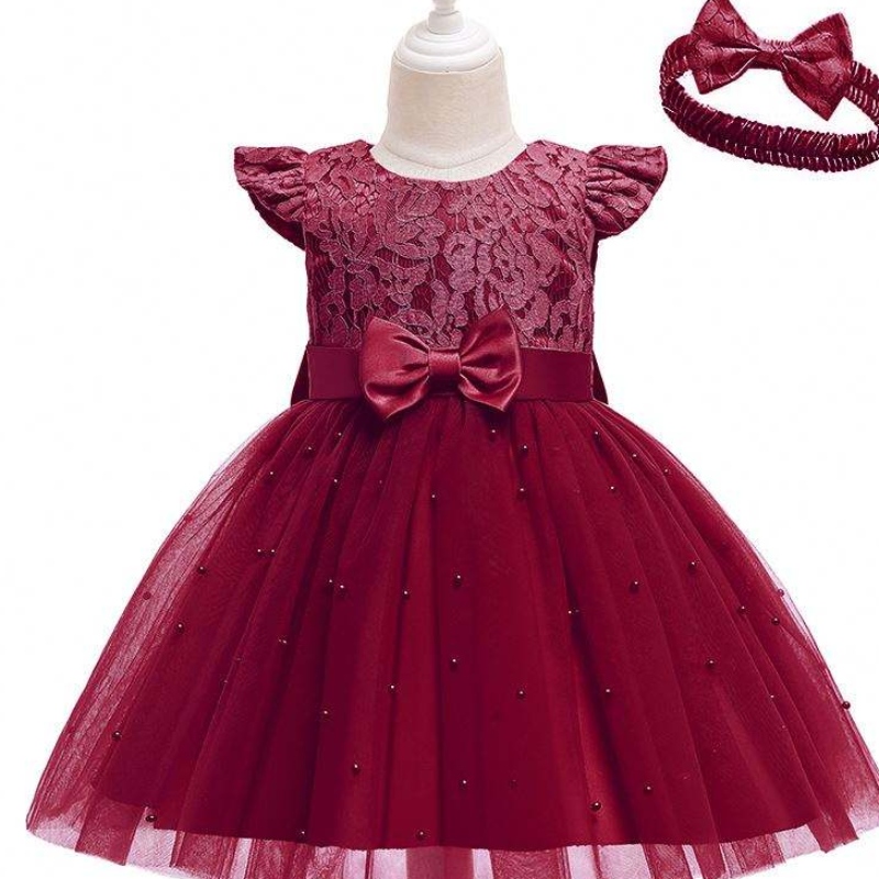 Baige grenzüberschreitende Kinderkleid Großhandel Vollfarbe Spitze Bowknot Kinder Party Geburtstagskleid D0761