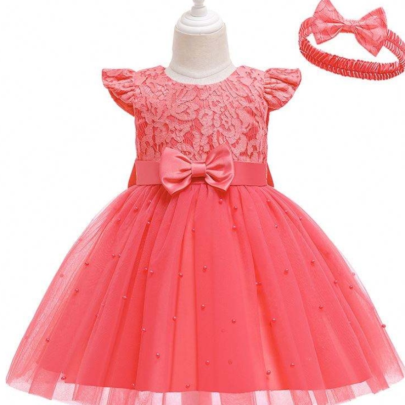 Baige grenzüberschreitende Kinderkleid Großhandel Vollfarbe Spitze Bowknot Kinder Party Geburtstagskleid D0761