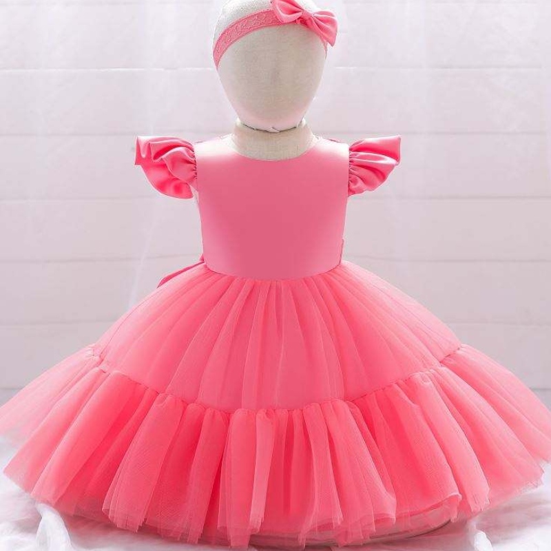 Baige Mesh Satin Prinzessin Girls Geburtstagskleider schöne Mädchen Party Baby Mädchen Kleid Designs für Taufe mit Stirnband