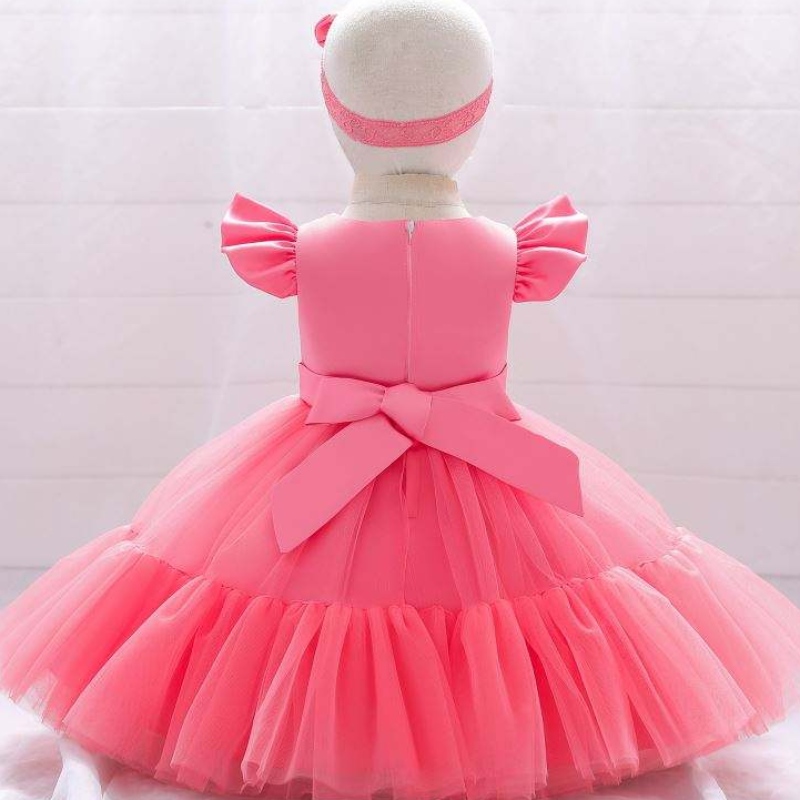 Baige Mesh Satin Prinzessin Girls Geburtstagskleider schöne Mädchen Party Baby Mädchen Kleid Designs für Taufe mit Stirnband
