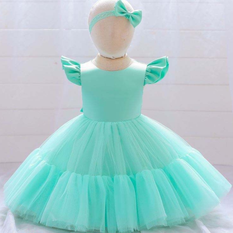 Baige Mesh Satin Prinzessin Girls Geburtstagskleider schöne Mädchen Party Baby Mädchen Kleid Designs für Taufe mit Stirnband