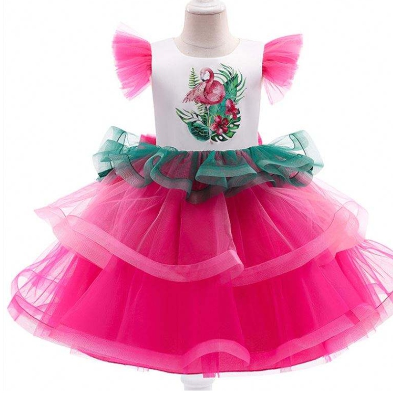 Baige plissierte kurze Ärmel geschichtete Kuchenblume Kleid Ostern Wear Girls Einhornkleider für Party