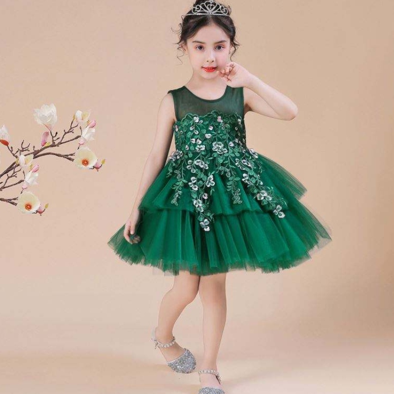 Baige ärmellose Applikze Kuchen Blume Chic Kleid Babykleider Mädchen Kinder Kleidung Kleidung