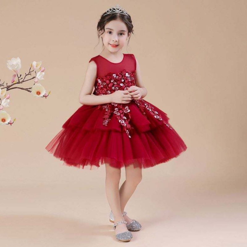 Baige ärmellose Applikze Kuchen Blume Chic Kleid Babykleider Mädchen Kinder Kleidung Kleidung