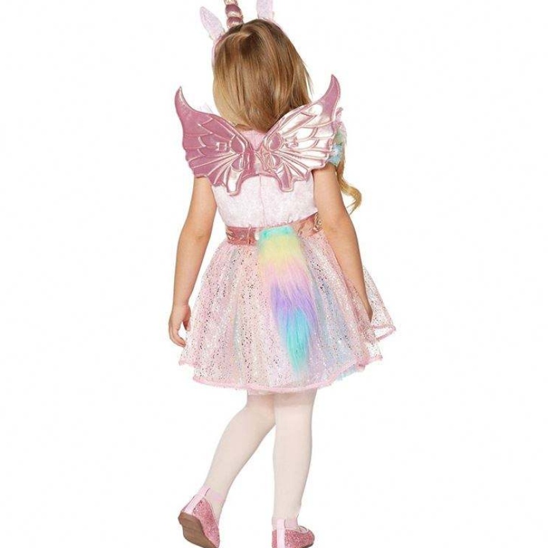 Baige Kurzschlärm glänzende Pailletten Tüllrock mit kostenlosem Stirnband und Flügel Baby Girl Halloween Kostüm Einhornkleid