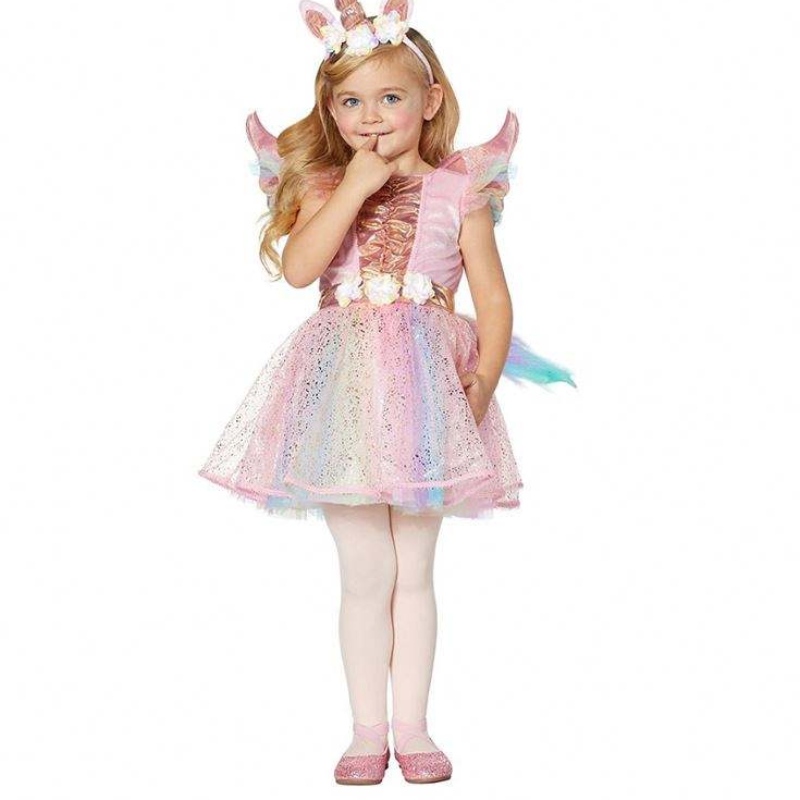 Baige Kurzschlärm glänzende Pailletten Tüllrock mit kostenlosem Stirnband und Flügel Baby Girl Halloween Kostüm Einhornkleid