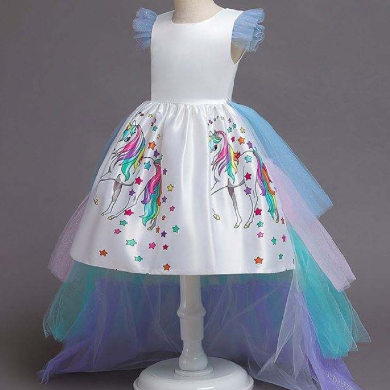 2020 Sommer Kinder ärmellose Regenbogen Prinzessin Geburtstagsfeier Einhorn geschwollenes Kleid mit Stirnband DJS100