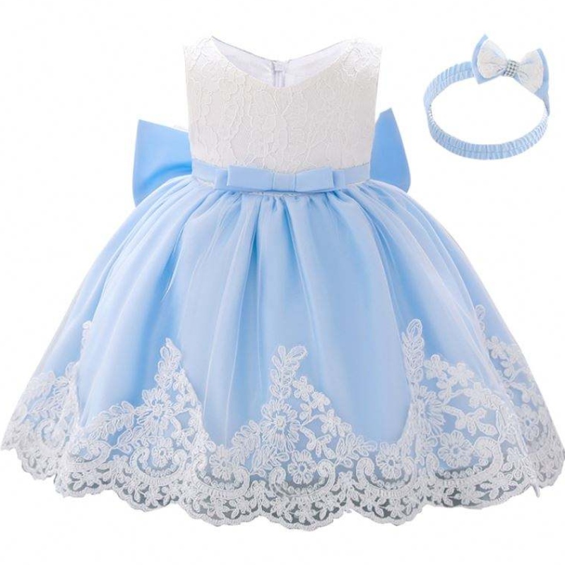 Baige 3-24 Monate Kinderkinder Kleidung Kleidung Spitzen Blumenmädchen Erstes Geburtstagsfeierkleid mit kostenlosem Stirnband