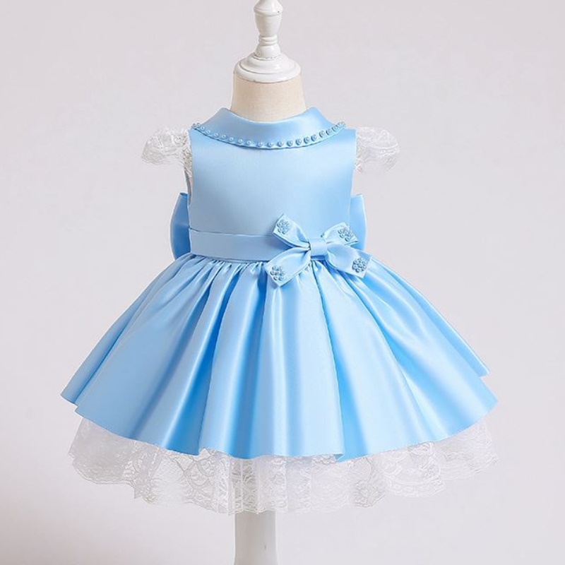 Baige elegante Kinder Satin Party Kleid Babykleiderdesign für 3-10 Jahre alte Kinder Sommerkleidung xz003