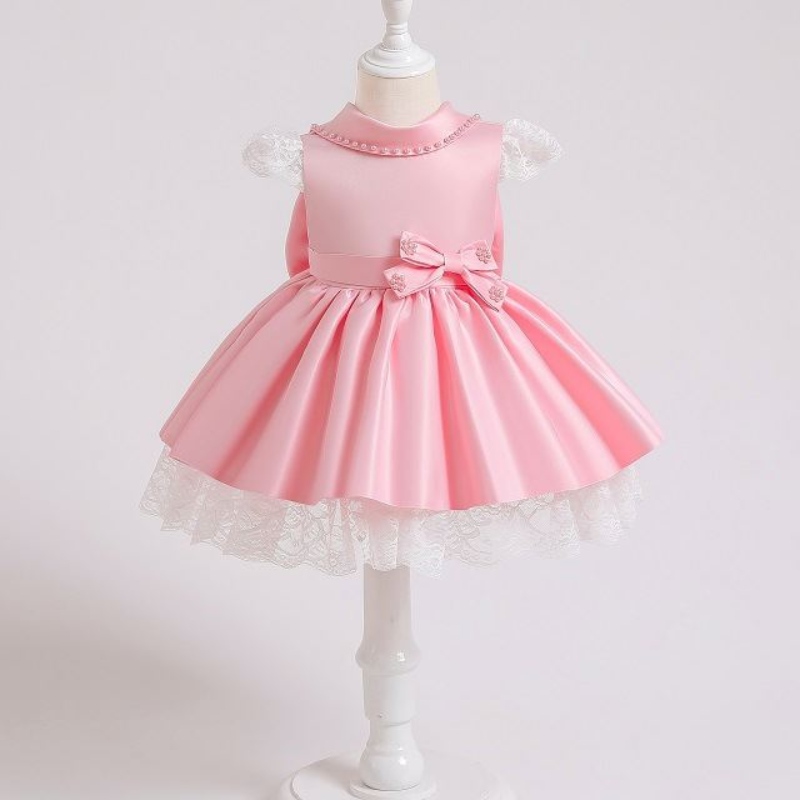 Baige elegante Kinder Satin Party Kleid Babykleiderdesign für 3-10 Jahre alte Kinder Sommerkleidung xz003