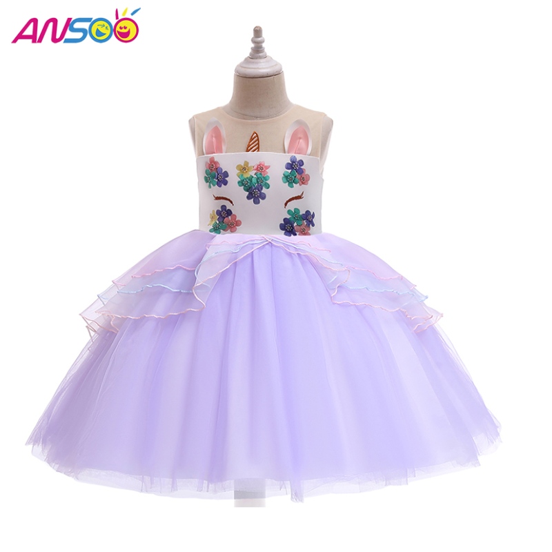 Ansoo Einhorn Prinzessin Blumenmädchenkleid Großhandel Kinder Hochzeitskleid Knie Länge Mädchen Partykleider