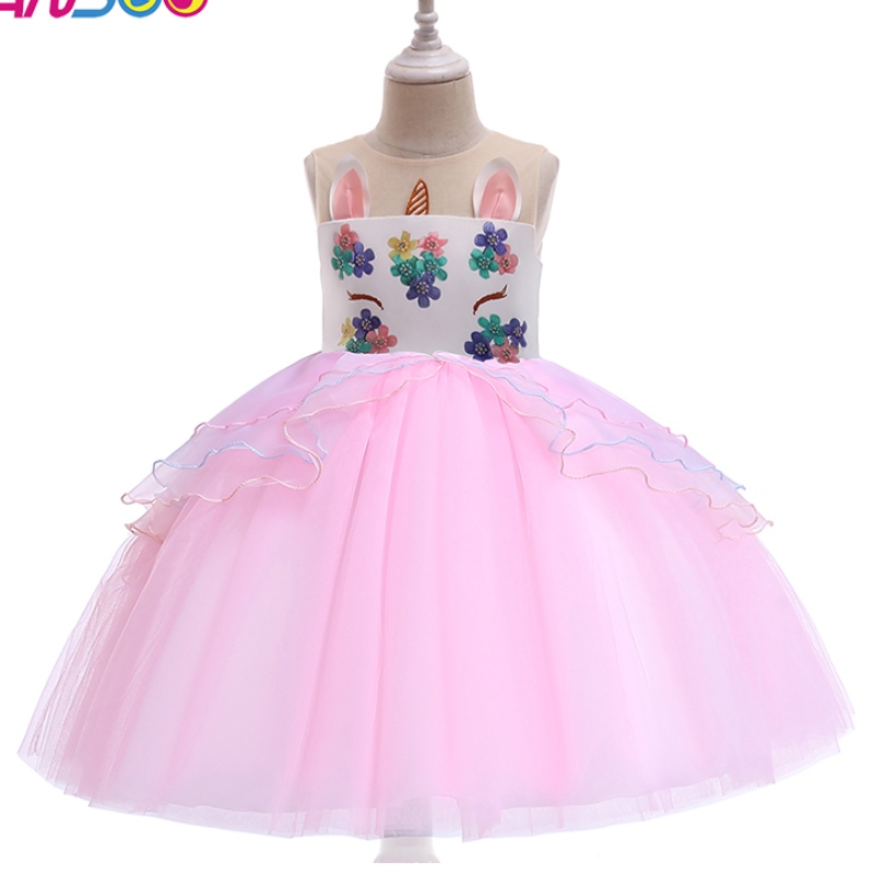 Ansoo Einhorn Prinzessin Blumenmädchenkleid Großhandel Kinder Hochzeitskleid Knie Länge Mädchen Partykleider