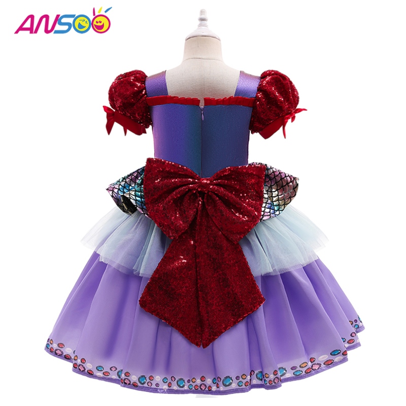 Ansoo beliebteneue Halloween -Kinder -Kostüm -Meerjungfrau -Blasenhülsen lila Prinzessin Kleid für Mädchen