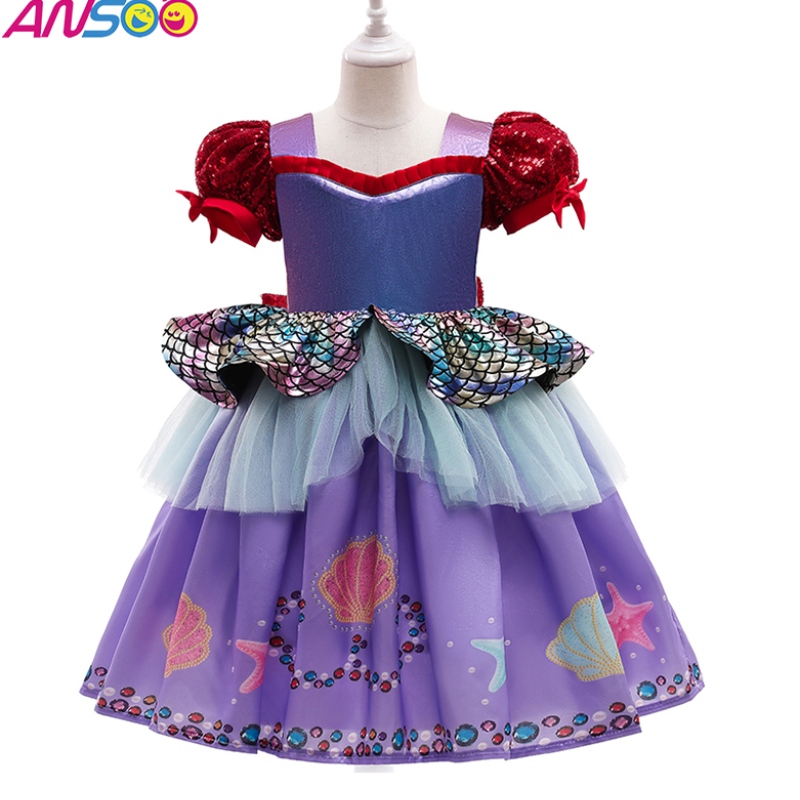 Ansoo beliebteneue Halloween -Kinder -Kostüm -Meerjungfrau -Blasenhülsen lila Prinzessin Kleid für Mädchen