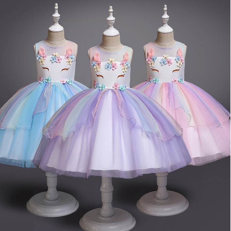 Einhorn Prinzessin Kostüm Girls Festzug Abend Lange Kleider Kinder ärmellose Stickerei Blumen Geburtstagsfeier Tutu Kleider