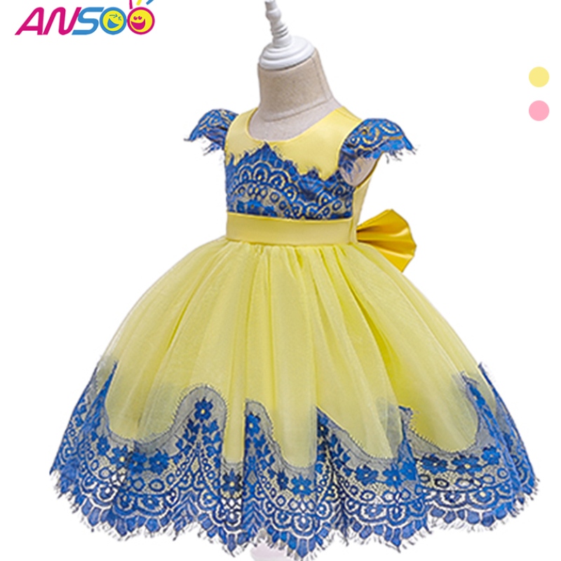 Ansoo Baby Mädchen Puff Ärmel Retro Party gelbe Kleid Kinder Prinzessin Bow Sommer Tutu rosa Kleider für Mädchen Kinder