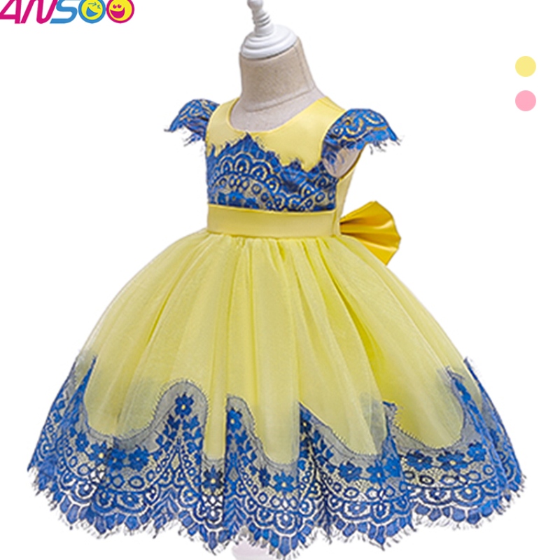 Ansoo New Children 's Clash Color Ins Kleid Pailletten Spitzenprinzessinkleid mit großem Bogen für 3-10 Jahre Mädchen