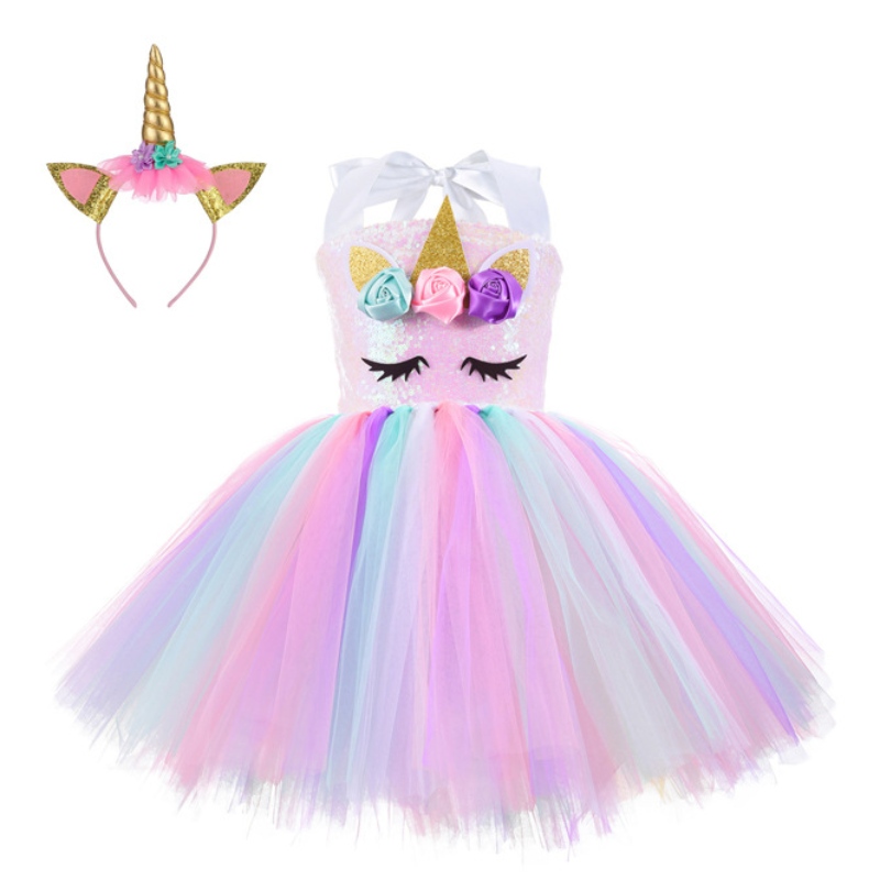 Paillettenparty Kleid Einhorn Prinzessin Kleid für Mädchen 1-10 Jahre mit Stirnband Geburtstagstanz Tutu Kleid