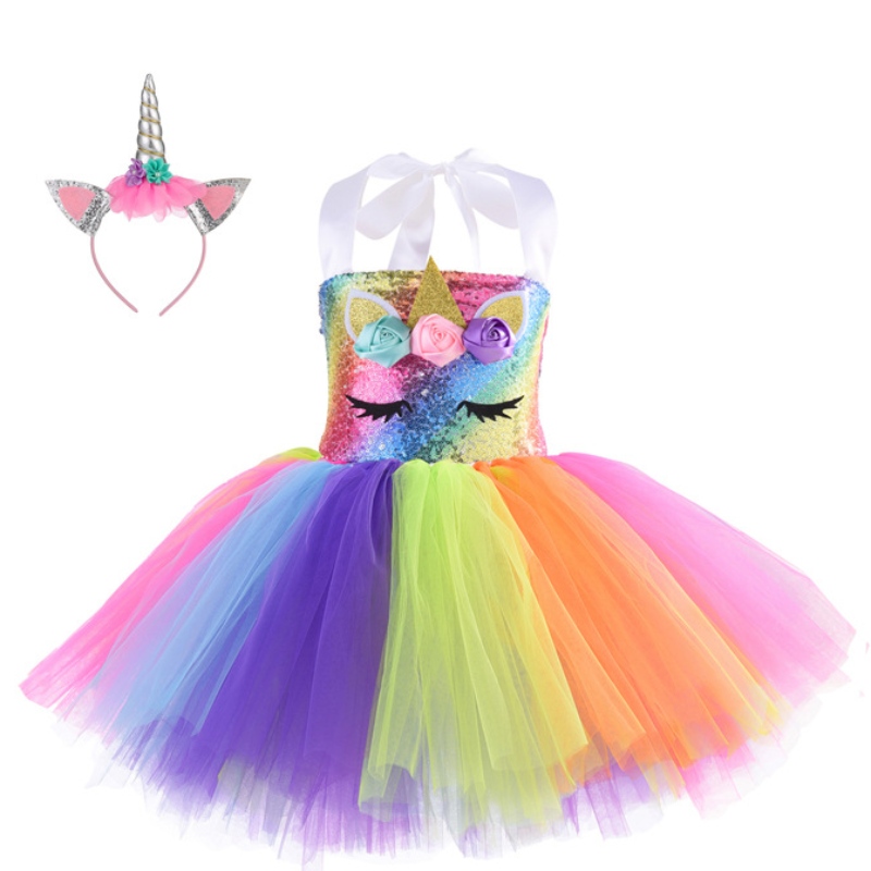 Paillettenparty Kleid Einhorn Prinzessin Kleid für Mädchen 1-10 Jahre mit Stirnband Geburtstagstanz Tutu Kleid