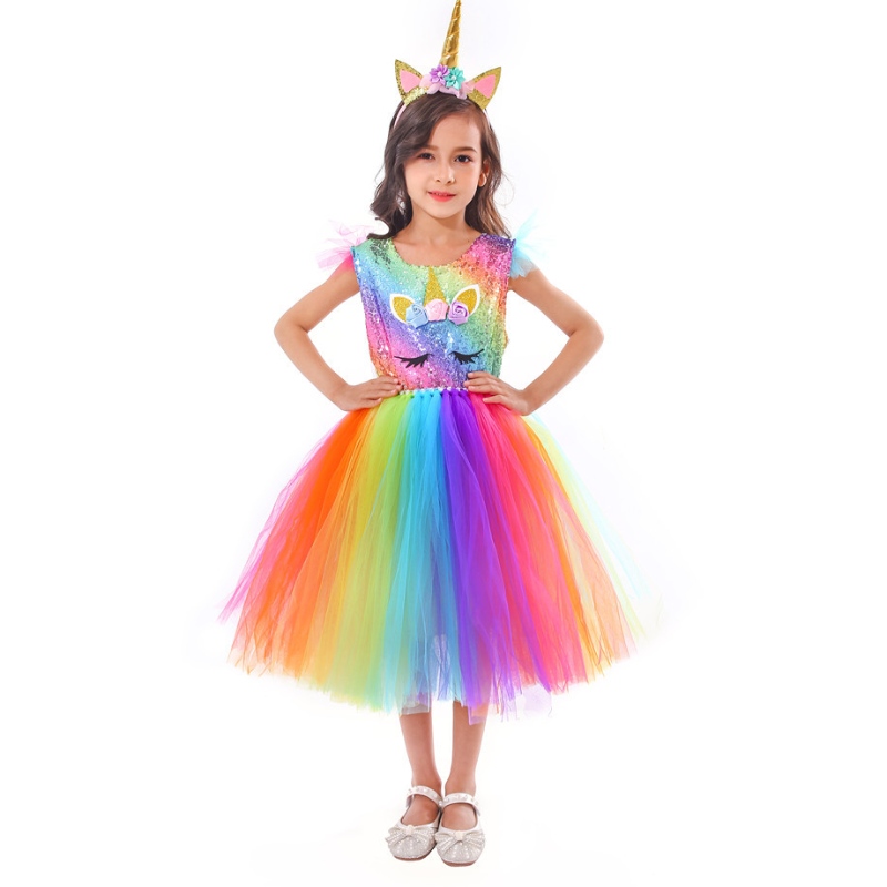 Prinzessin Kleid bunte Regenbogennetz -Tutu -Rock mit Stirnband für Mädchen