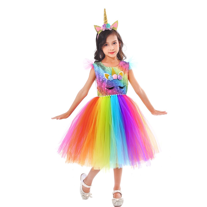 Prinzessin Kleid bunte Regenbogennetz -Tutu -Rock mit Stirnband für Mädchen