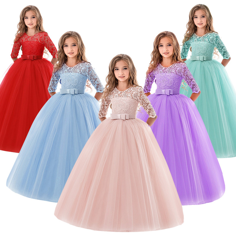 2022 6-14 Jahre Blumenspitzenkleid Girls Kleidung Prinzessin Party Festzug Langes Kleid Kleider Kleider für Mädchen Hochzeit Abend Kleidung 4 - 199 Stücke