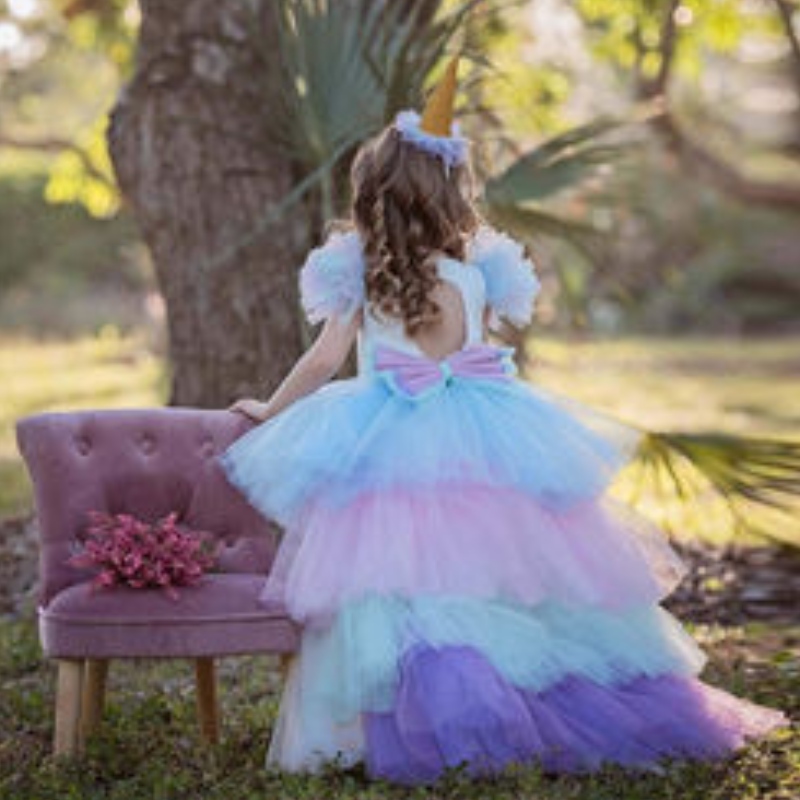 Einhorn -Partykleid für Mädchen Kostüm Baby Sommerkleid Kinder elegantes Mädchen tragen Prinzessinkleid mit langem Zug