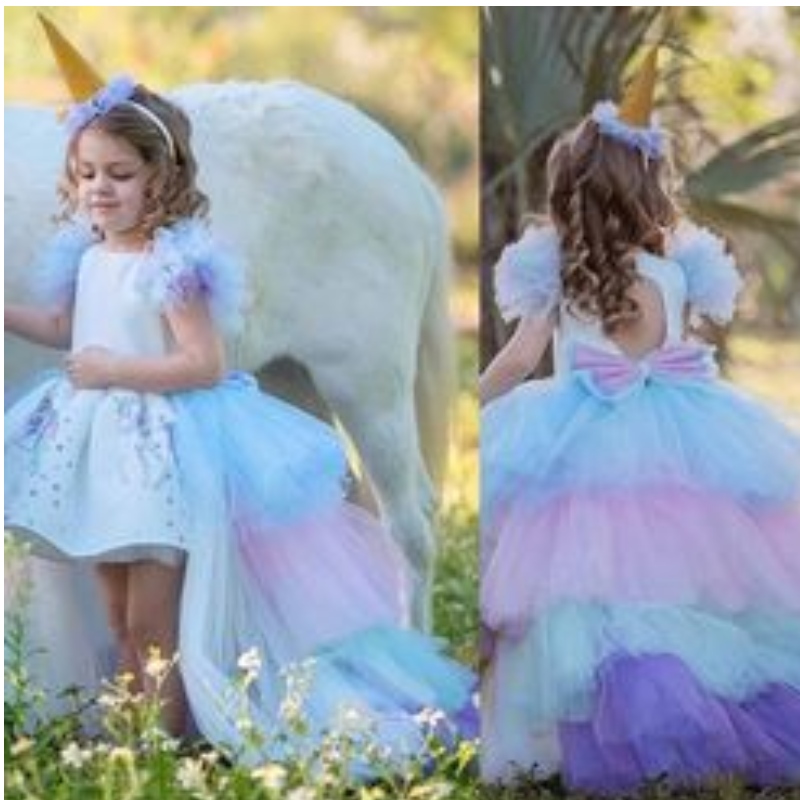 Einhorn -Partykleid für Mädchen Kostüm Baby Sommerkleid Kinder elegantes Mädchen tragen Prinzessinkleid mit langem Zug