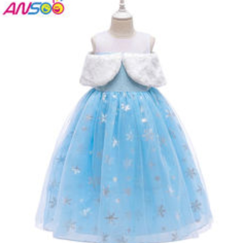 ANsoo2021 Kinder Performance Elsa Fashion Girl Wollkragen Prinzessin Kleid Schöne Mädchen Kostüm