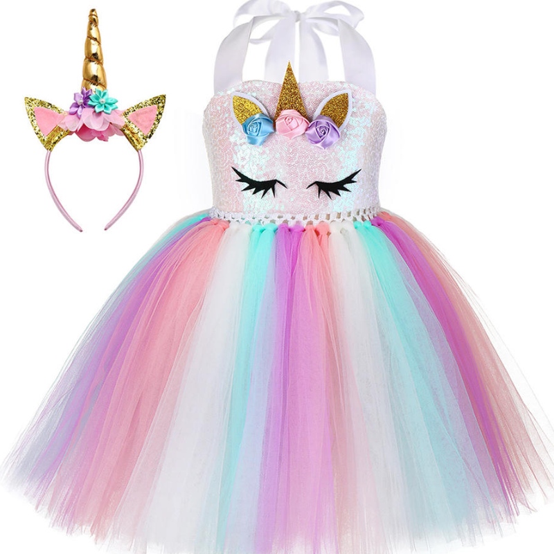 Kid Kleinkind Girl Geburtstag Ball Party Cosplay Kostüm LED Leuchte Regenbogen Einhorn flauschiger Tüll Tutu Kleid mit Stirnband