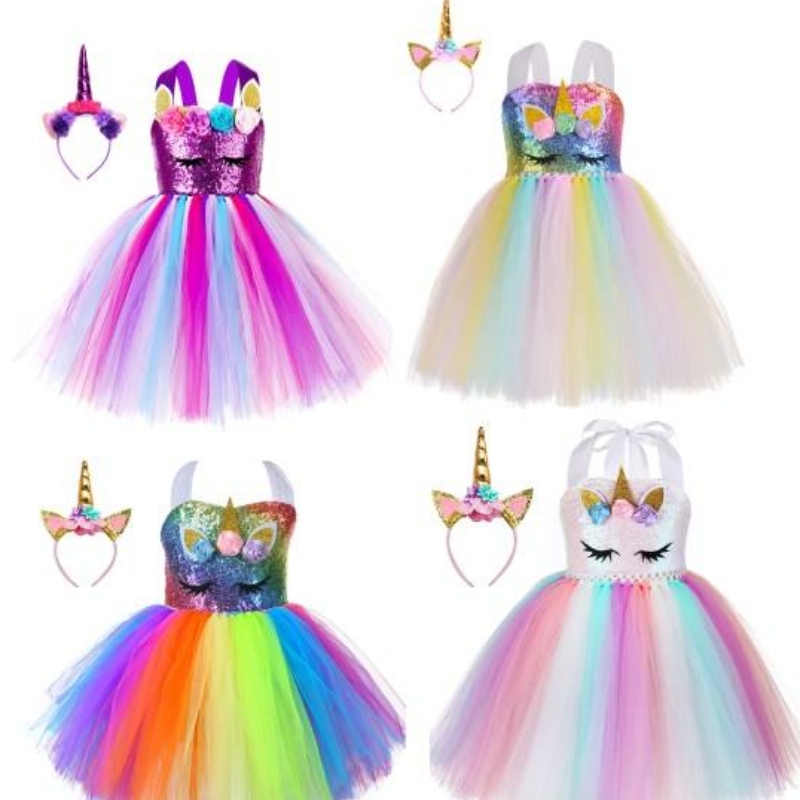 Kid Kleinkind Girl Geburtstag Ball Party Cosplay Kostüm LED Leuchte Regenbogen Einhorn flauschiger Tüll Tutu Kleid mit Stirnband