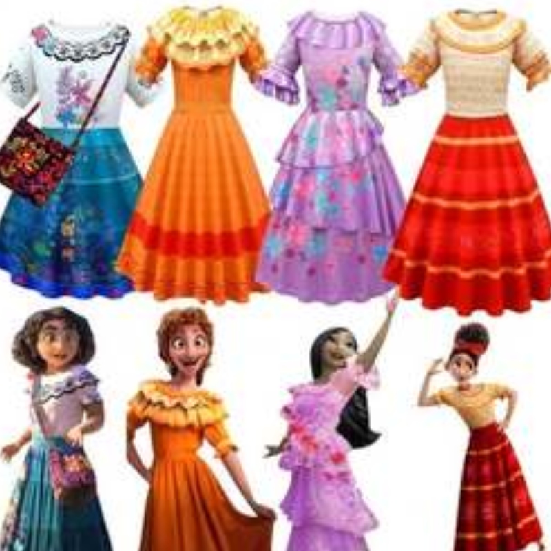 Baige Kinder Mädchen Encanto Mirabel Cosplay Kleid mit Tasche Halloween Carnival Anzug Kostüm