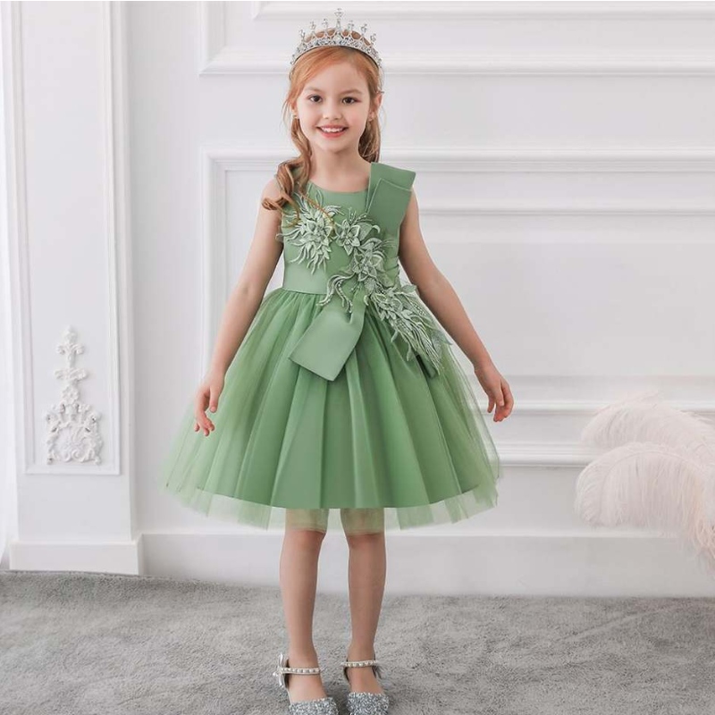 Baige New Evening Party Ball Kleid Grüne Blumenmädchen Kleid Kinder Fancy Princess Kleid