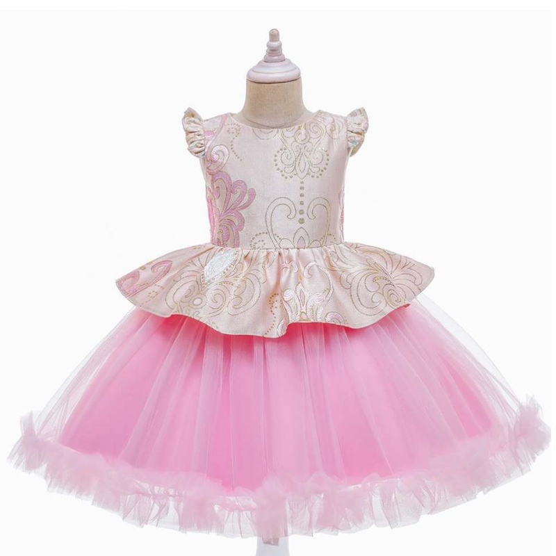 Baige Kinder Geburtstag tragen rosa Kurzarm Baby Mädchen Prinzessin Kinder Spanisch Kleid L5232