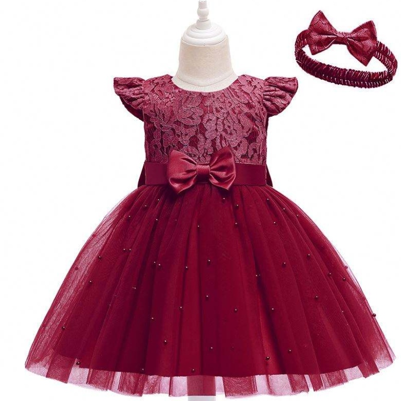 Baige Hot Sale Red Kids Clothes Girls Kleider Party Geburtstagskleid mit Stirnband D0761