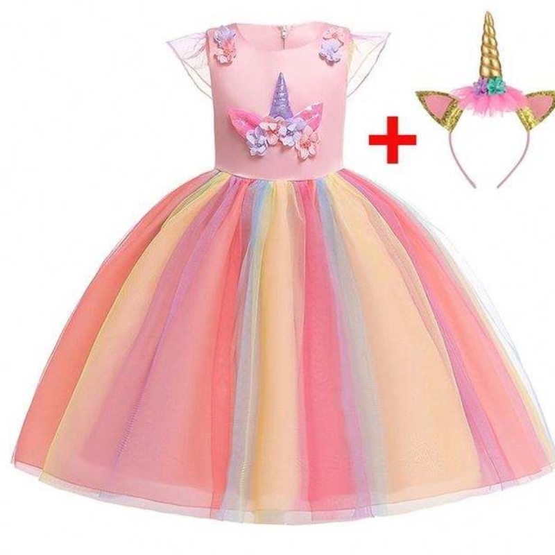 Baige hochwertige Rüschen Einhorn Babykleid Kinder schöne Model Kleider Smocked Kinder Kleidung DJS003