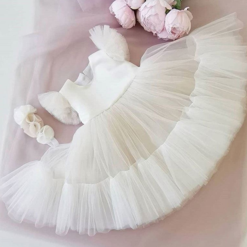 Baige Hot Sale White Flower Girl Tutu Party Kleid geschichtete geschwollene Geburtstagskleid Kleid