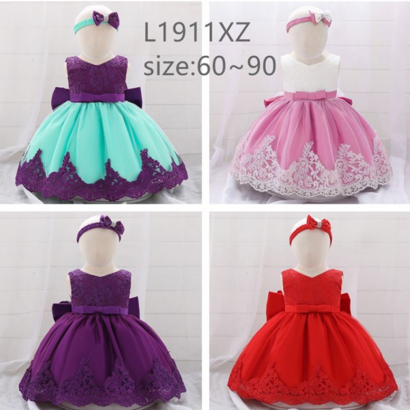 Großhandelniedliche Kleidung Kinder Mädchen Kleid Bow Prinzessin Kleid mit kostenlosem Haarband